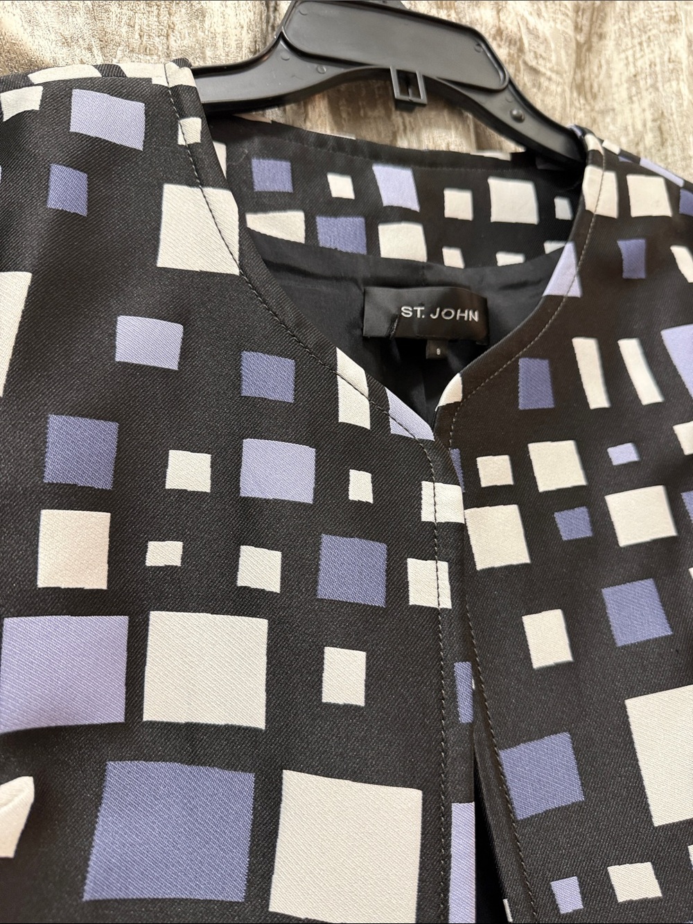 St. John Black Blouse with Cream and Light Blue Squares
